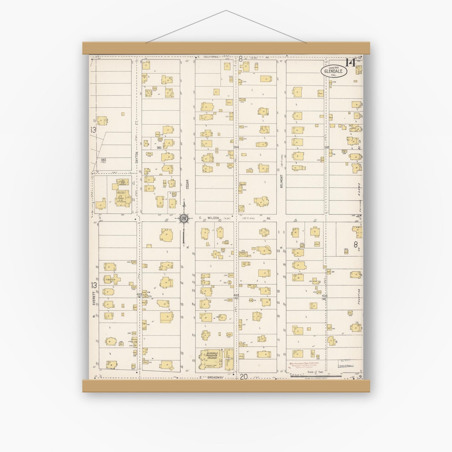 Old map wall art mockup — magnetic wood frame on white wall — Sanborn Fire Insurance Map from Glendale, Los Angeles County, California (1919), Sheet #0014