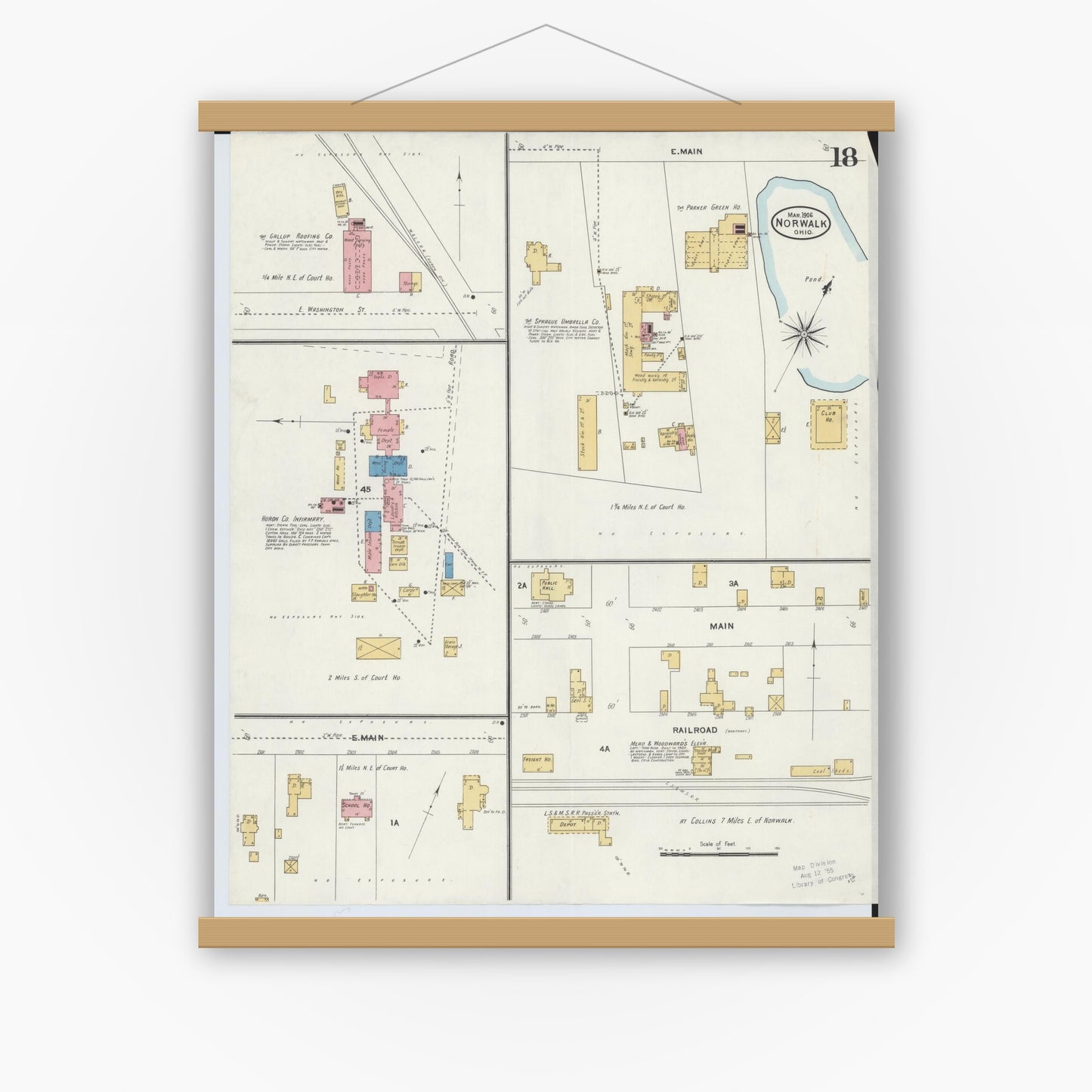 Old map wall art mockup — magnetic wood frame on white wall — Sanborn Fire Insurance Map from Norwalk, Huron County, Ohio (1906), Sheet #0018