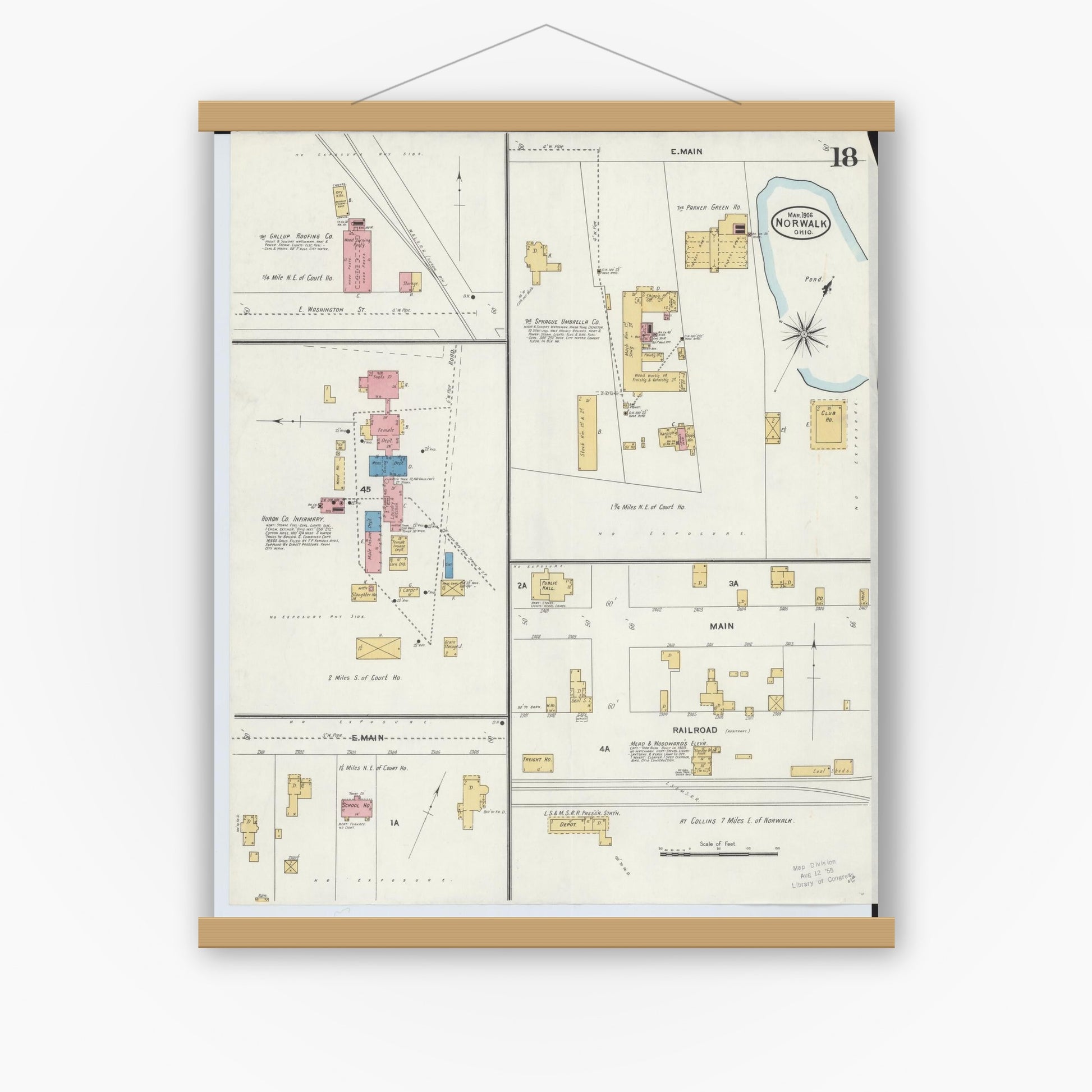 Old map wall art mockup — magnetic wood frame on white wall — Sanborn Fire Insurance Map from Norwalk, Huron County, Ohio (1906), Sheet #0018
