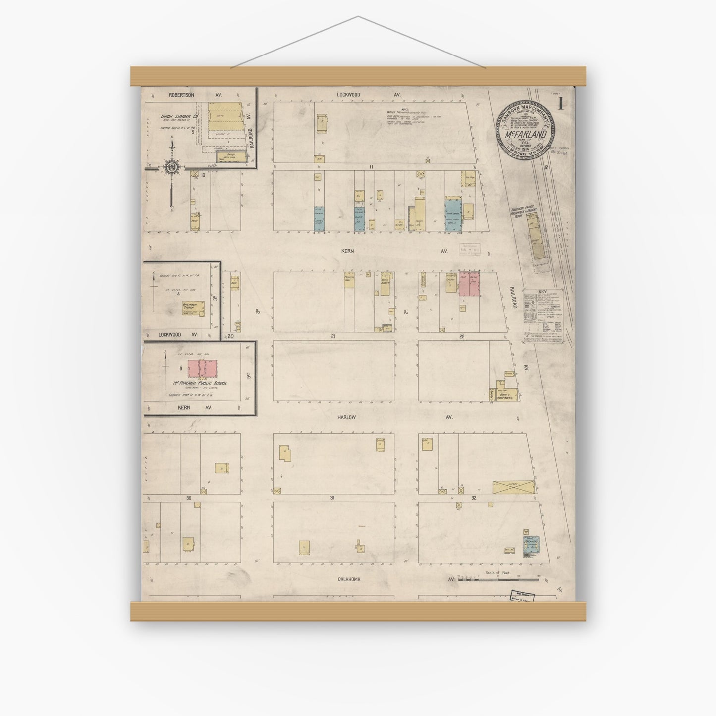 Old map wall art mockup — magnetic wood frame on white wall — Sanborn Fire Insurance Map from Mcfarland, Kern County, California (1914), Sheet #0001
