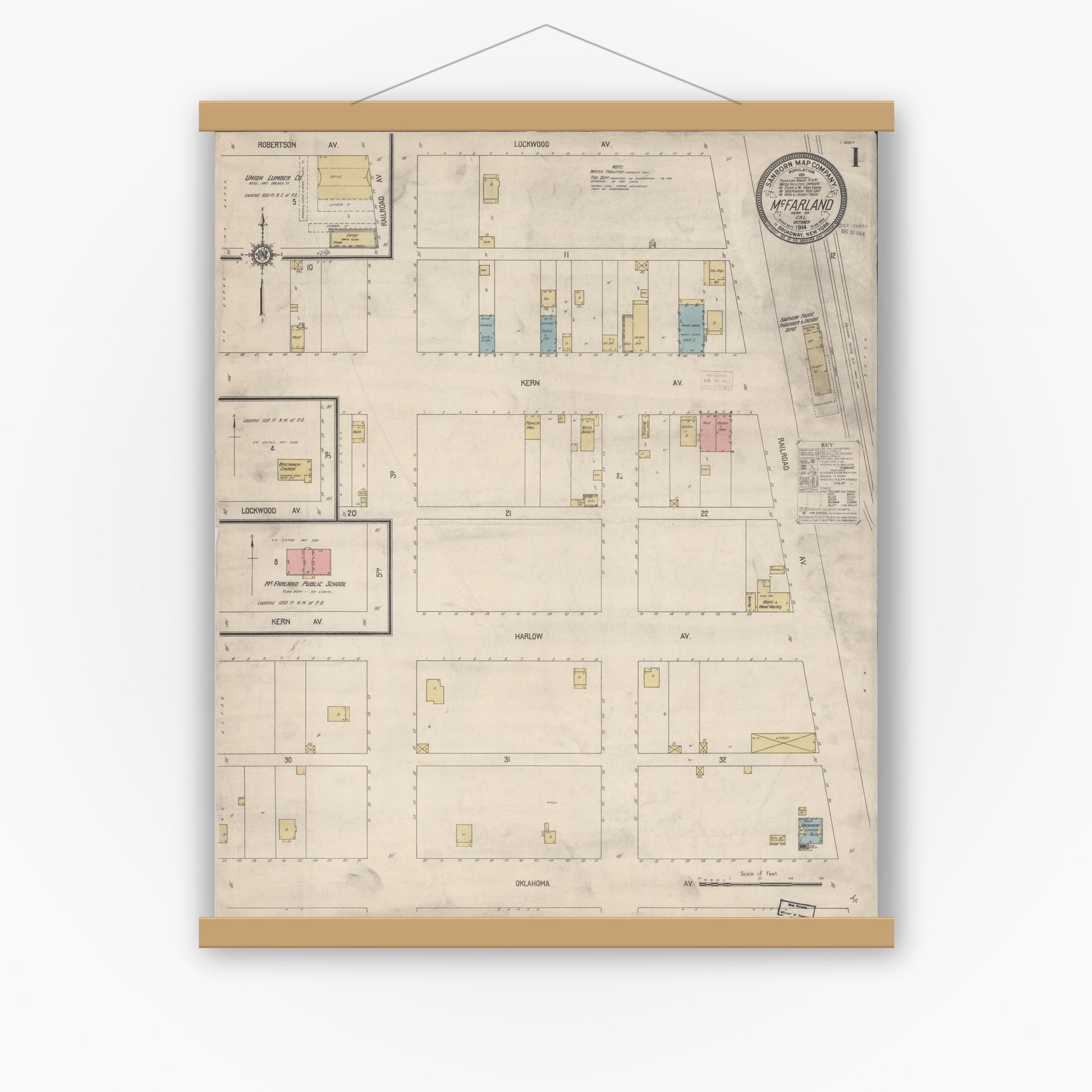 Old map wall art mockup — magnetic wood frame on white wall — Sanborn Fire Insurance Map from Mcfarland, Kern County, California (1914), Sheet #0001