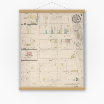 Old map wall art mockup — magnetic wood frame on white wall — Sanborn Fire Insurance Map from Mcfarland, Kern County, California (1914), Sheet #0001