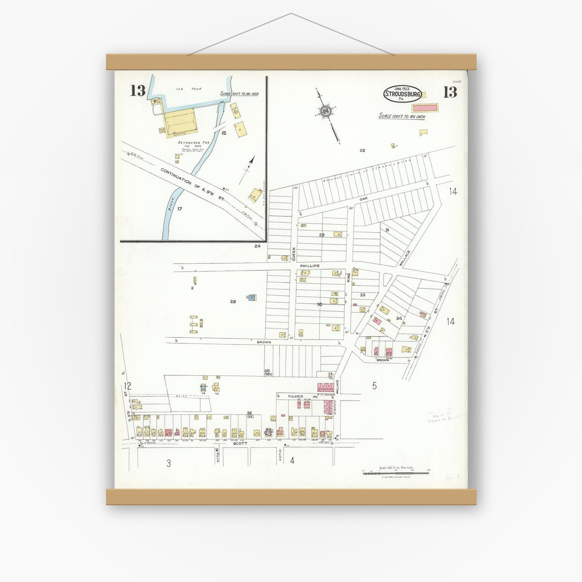 Old map wall art mockup — magnetic wood frame on white wall — Sanborn Fire Insurance Map from Stroudsburg, Monroe County, Pennsylvania (1923), Sheet #0013