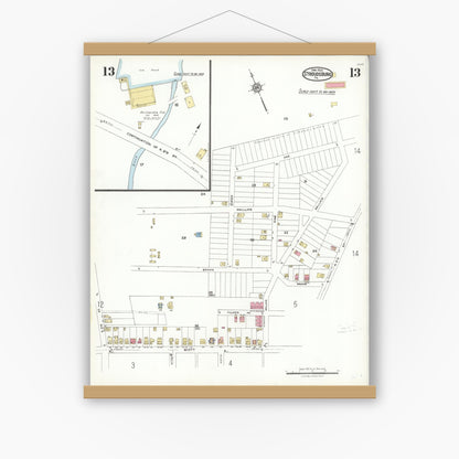 Old map wall art mockup — magnetic wood frame on white wall — Sanborn Fire Insurance Map from Stroudsburg, Monroe County, Pennsylvania (1923), Sheet #0013