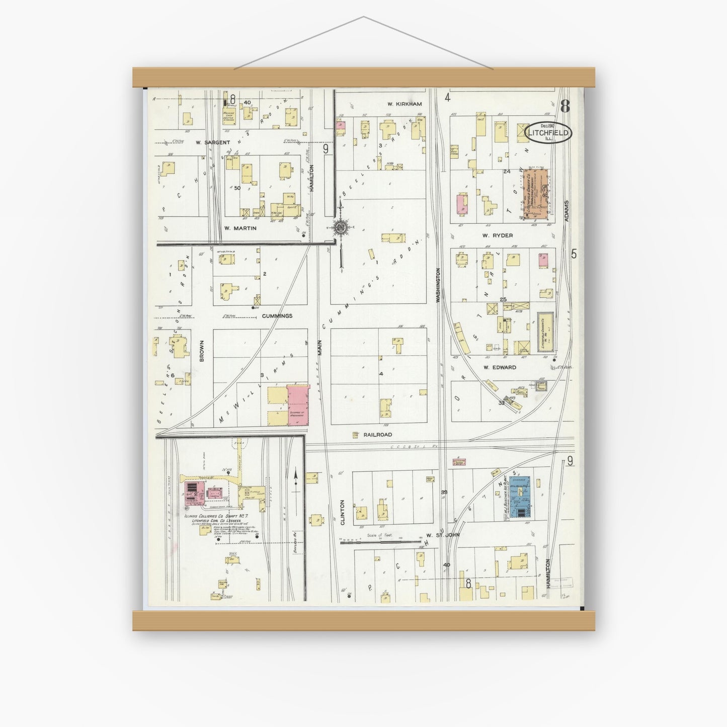 Old map wall art mockup — magnetic wood frame on white wall — Sanborn Fire Insurance Map from Litchfield, Montgomery County, Illinois (1910), Sheet #0008