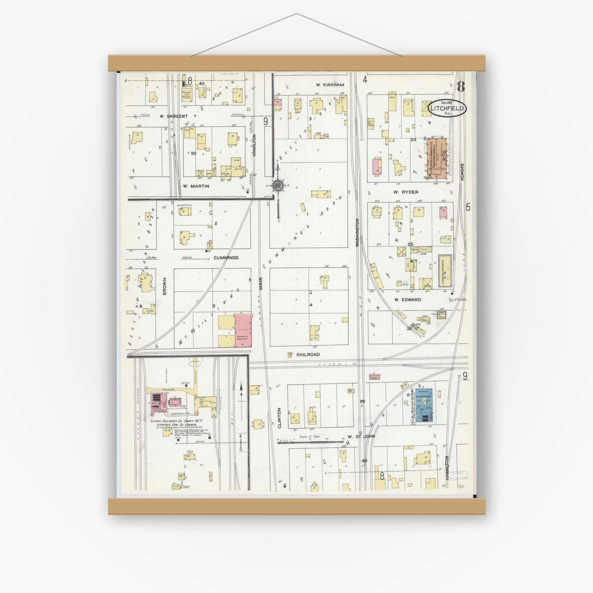 Old map wall art mockup — magnetic wood frame on white wall — Sanborn Fire Insurance Map from Litchfield, Montgomery County, Illinois (1910), Sheet #0008