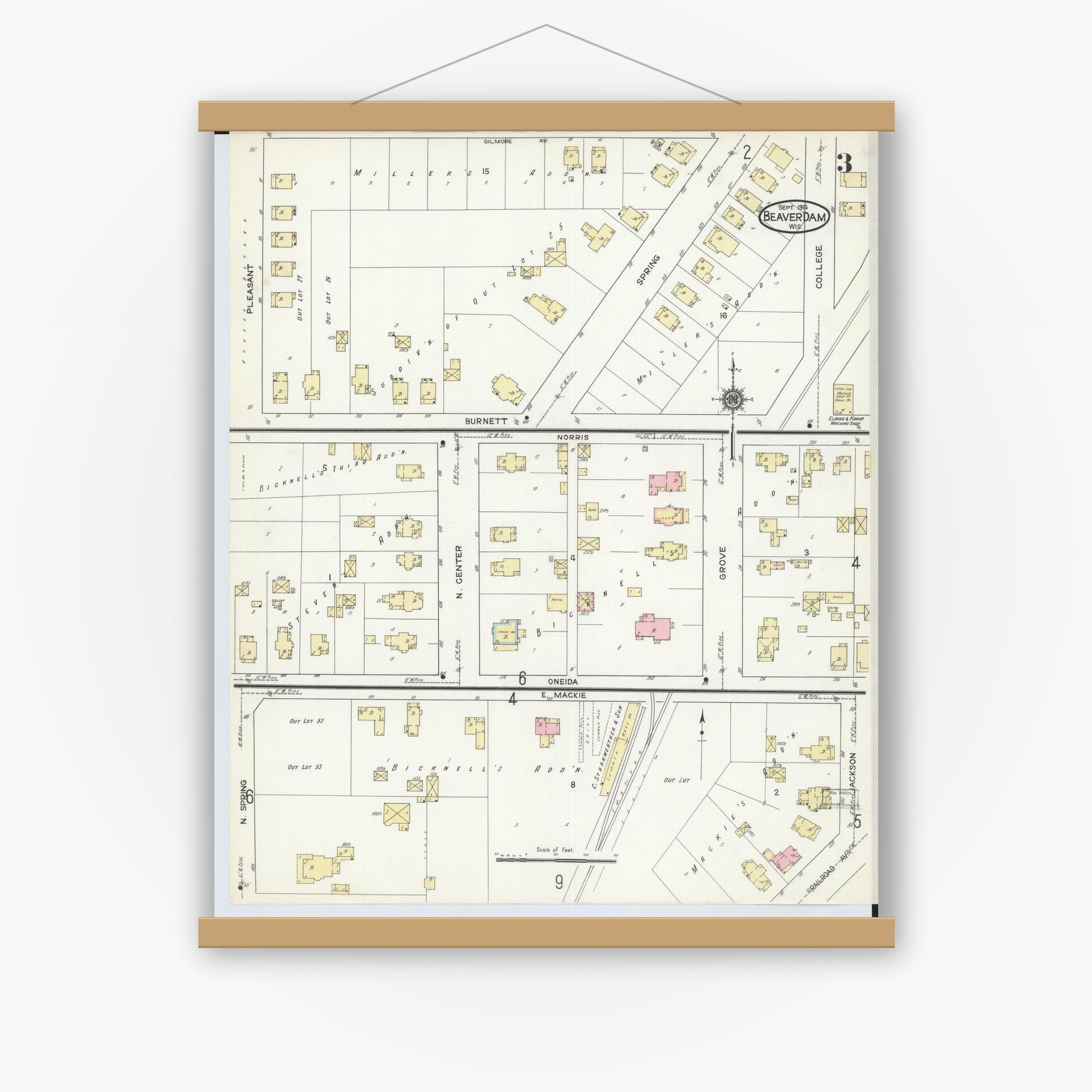 Old map wall art mockup — magnetic wood frame on white wall — Sanborn Fire Insurance Map from Beaver Dam, Dodge County, Wisconsin (1914), Sheet #0003