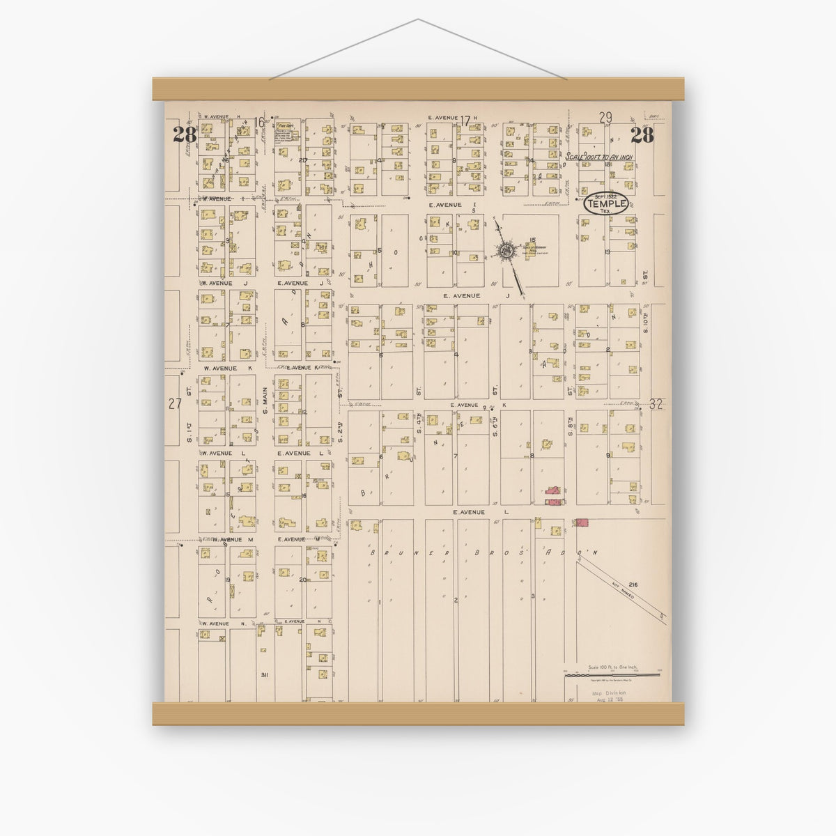 Old map wall art mockup — magnetic wood frame on white wall — Sanborn Fire Insurance Map from Temple, Bell County, Texas (1922), Sheet #0028