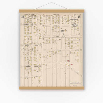 Old map wall art mockup — magnetic wood frame on white wall — Sanborn Fire Insurance Map from Temple, Bell County, Texas (1922), Sheet #0028