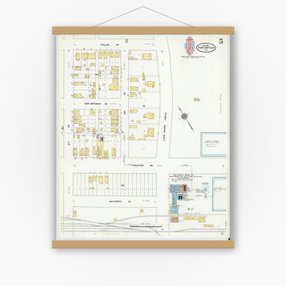 Old map wall art mockup — magnetic wood frame on white wall — Sanborn Fire Insurance Map from Port Arthur, Jefferson County, Texas (1910), Sheet #0005