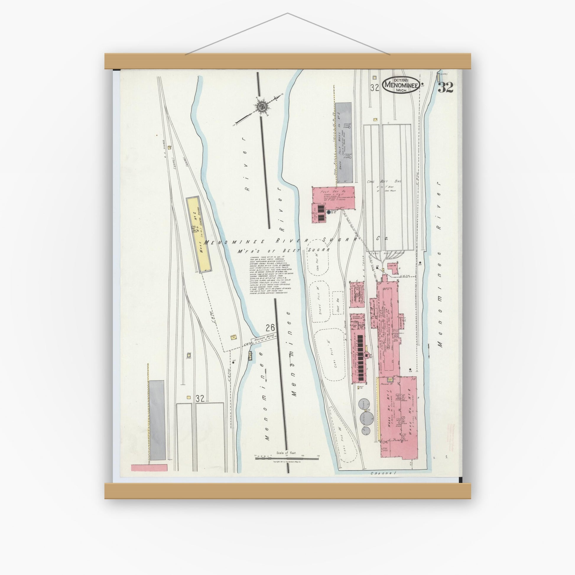 Old map wall art mockup — magnetic wood frame on white wall — Sanborn Fire Insurance Map from Menominee, Menominee County, Michigan (1921), Sheet #0032