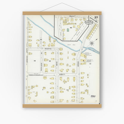Old map wall art mockup — magnetic wood frame on white wall — Sanborn Fire Insurance Map from Newton, Middlesex County, Massachusetts (1892), Sheet #0010