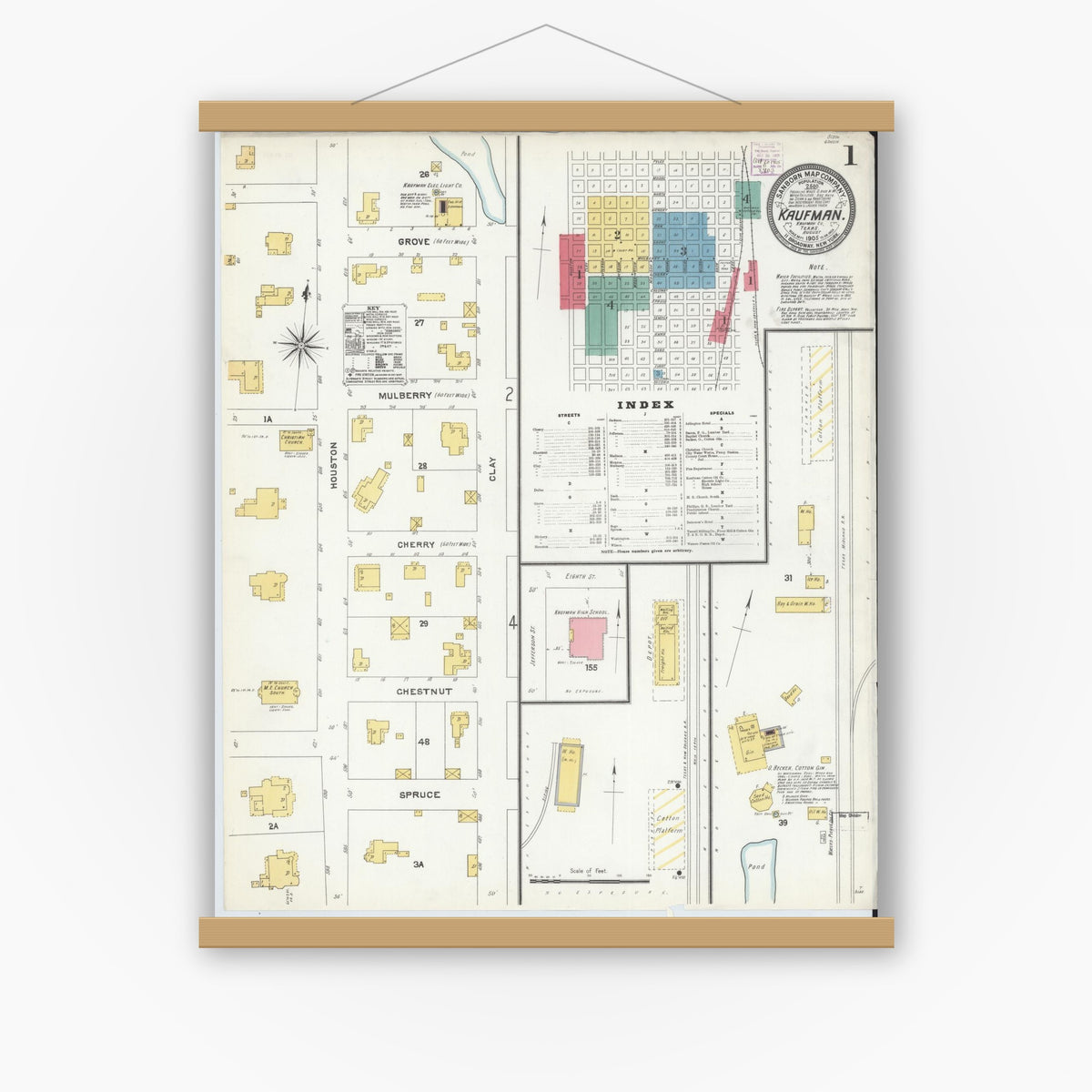 Old map wall art mockup — magnetic wood frame on white wall — Sanborn Fire Insurance Map from Kaufman, Kaufman County, Texas (1905) - Complete Map Set