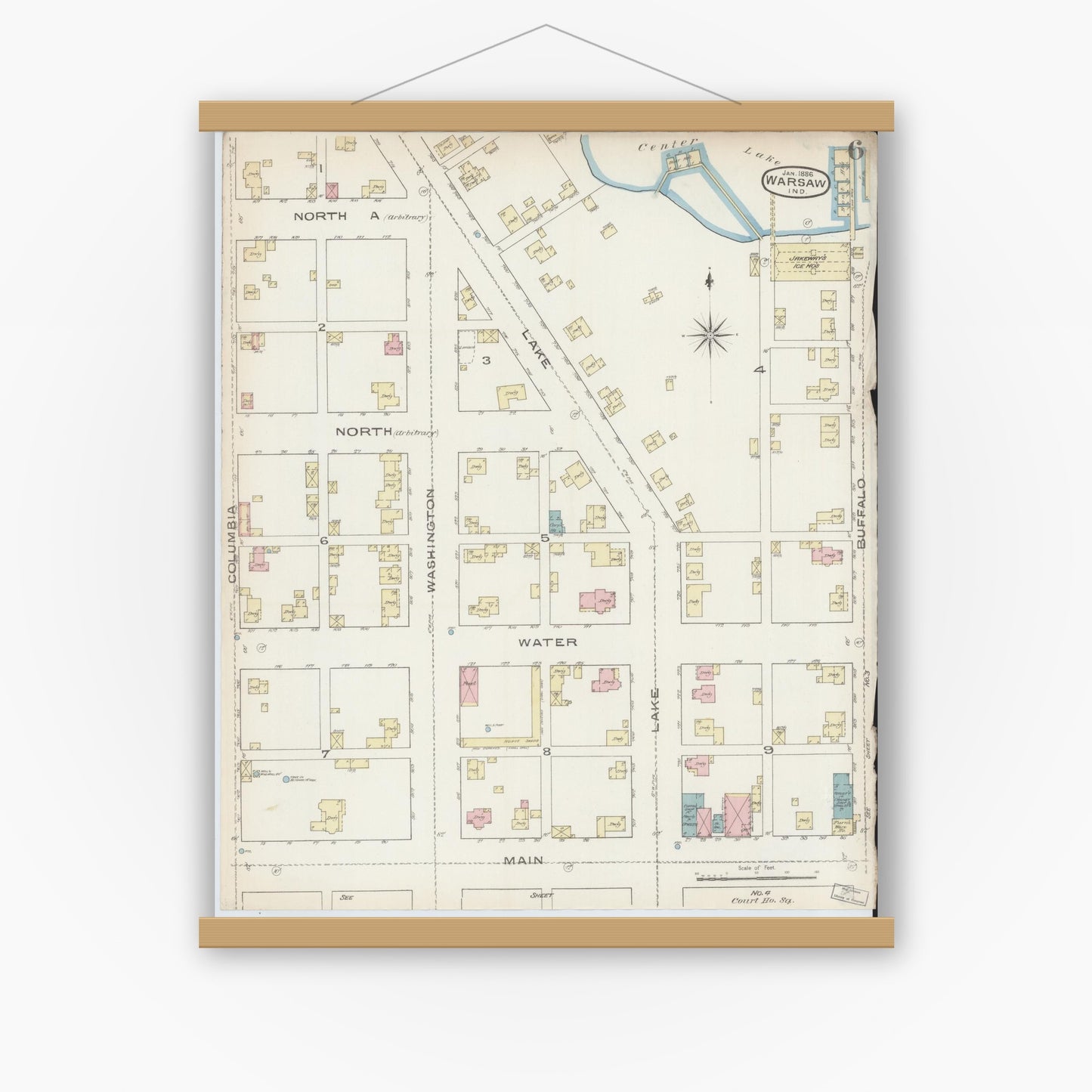 Old map wall art mockup — magnetic wood frame on white wall — Sanborn Fire Insurance Map from Warsaw, Kosciusko County, Indiana (1886), Sheet #0006