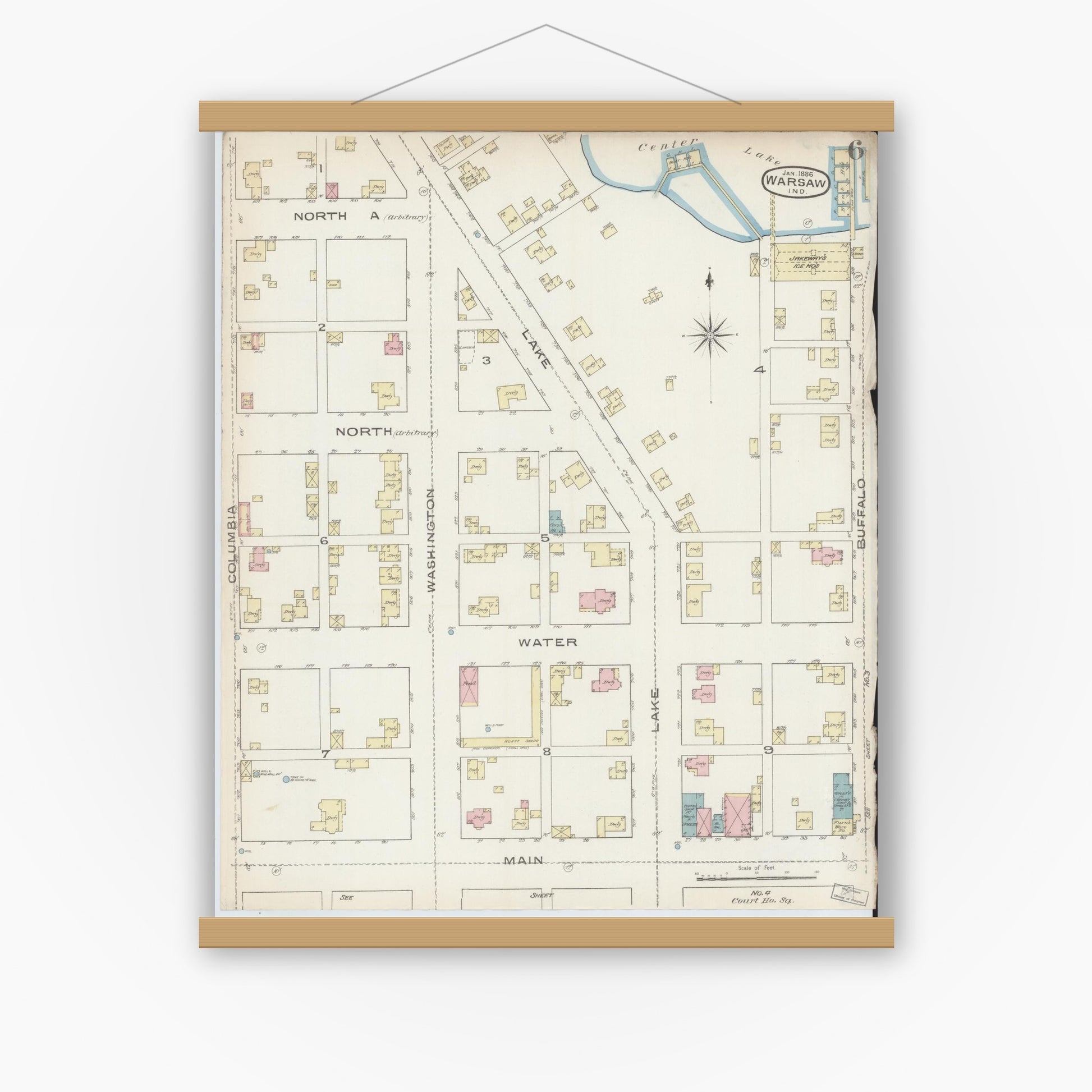 Old map wall art mockup — magnetic wood frame on white wall — Sanborn Fire Insurance Map from Warsaw, Kosciusko County, Indiana (1886), Sheet #0006