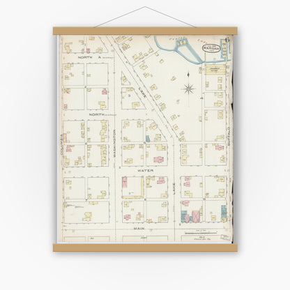 Old map wall art mockup — magnetic wood frame on white wall — Sanborn Fire Insurance Map from Warsaw, Kosciusko County, Indiana (1886), Sheet #0006