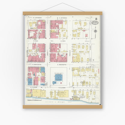 Old map wall art mockup — magnetic wood frame on white wall — Sanborn Fire Insurance Map from Morris, Grundy County, Illinois (1916), Sheet #0008