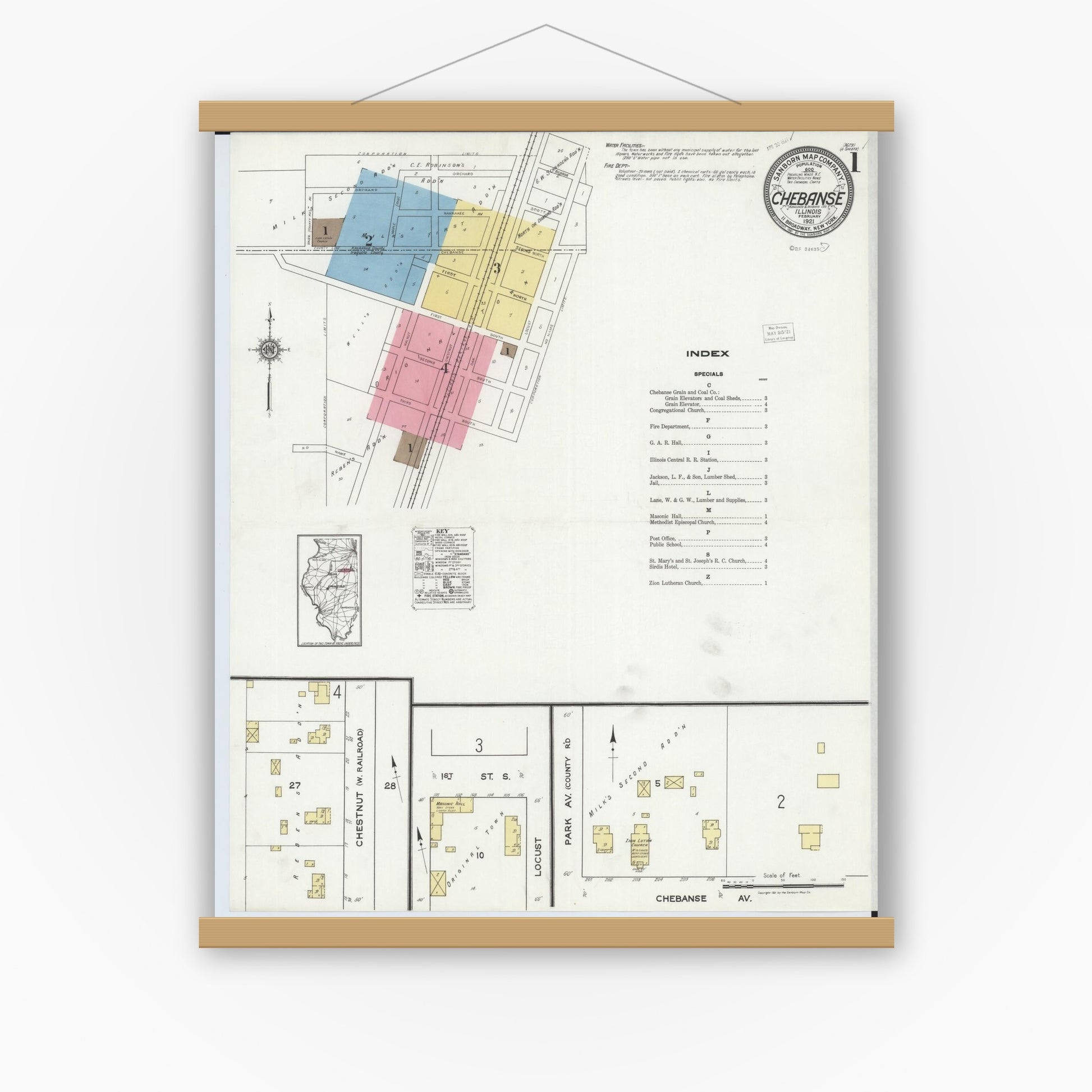 Old map wall art mockup — magnetic wood frame on white wall — Sanborn Fire Insurance Map from Chebanse, Iroquois And Kankakee County, Illinois (1921) - Complete Map Set