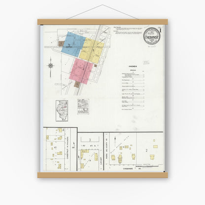 Old map wall art mockup — magnetic wood frame on white wall — Sanborn Fire Insurance Map from Chebanse, Iroquois And Kankakee County, Illinois (1921) - Complete Map Set