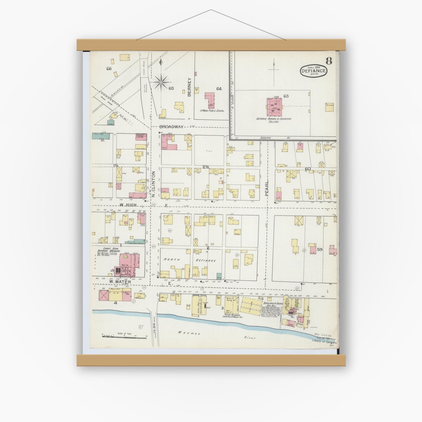 Old map wall art mockup — magnetic wood frame on white wall — Sanborn Fire Insurance Map from Defiance, Defiance County, Ohio (1893), Sheet #0008