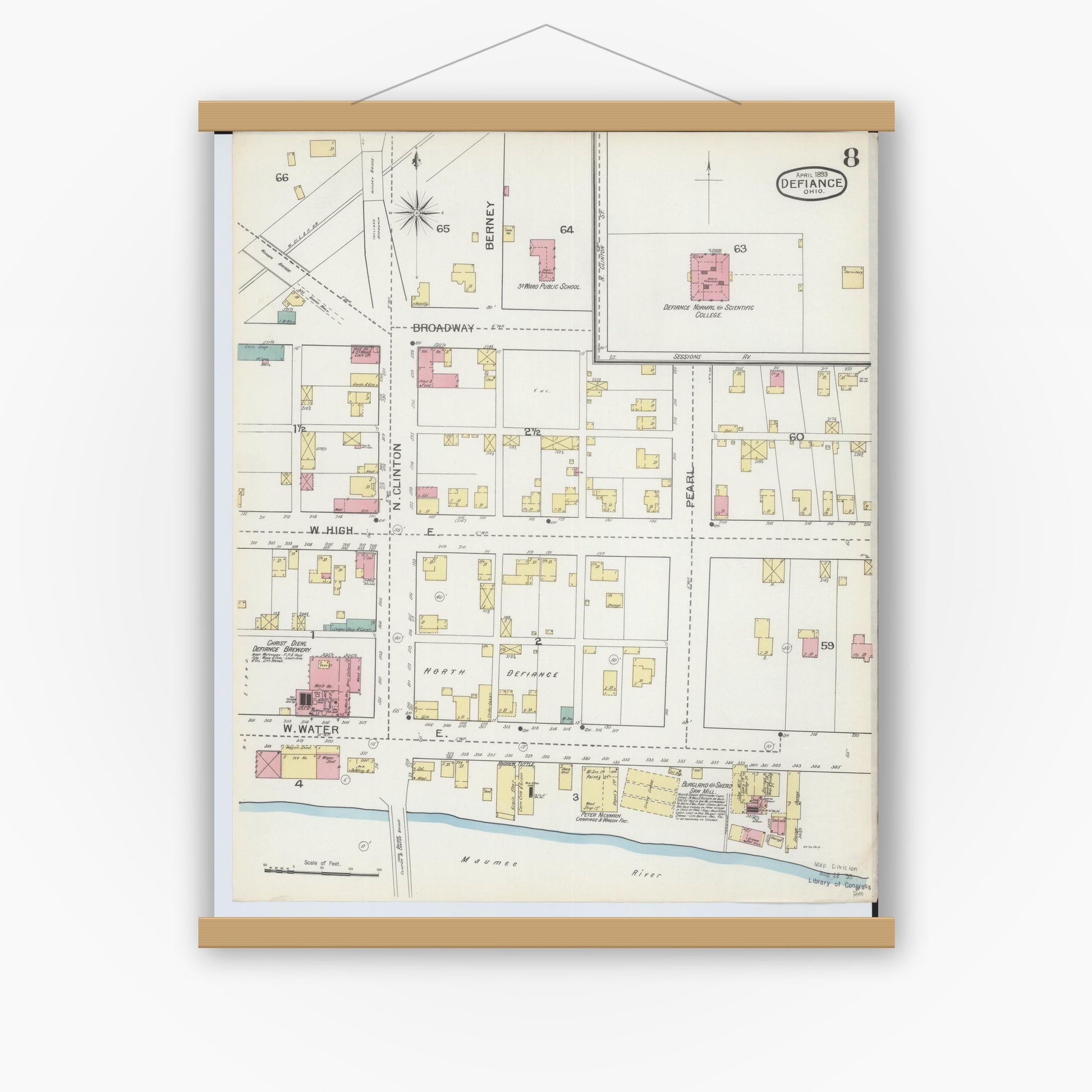 Old map wall art mockup — magnetic wood frame on white wall — Sanborn Fire Insurance Map from Defiance, Defiance County, Ohio (1893), Sheet #0008