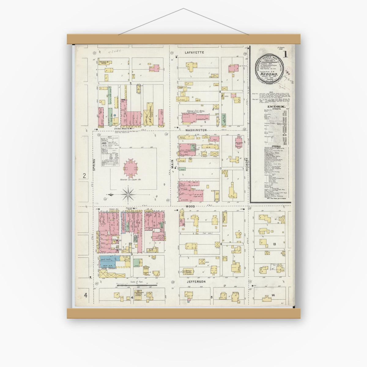 Old map wall art mockup — magnetic wood frame on white wall — Sanborn Fire Insurance Map from Neosho, Newton County, Missouri (1896), Sheet #0001