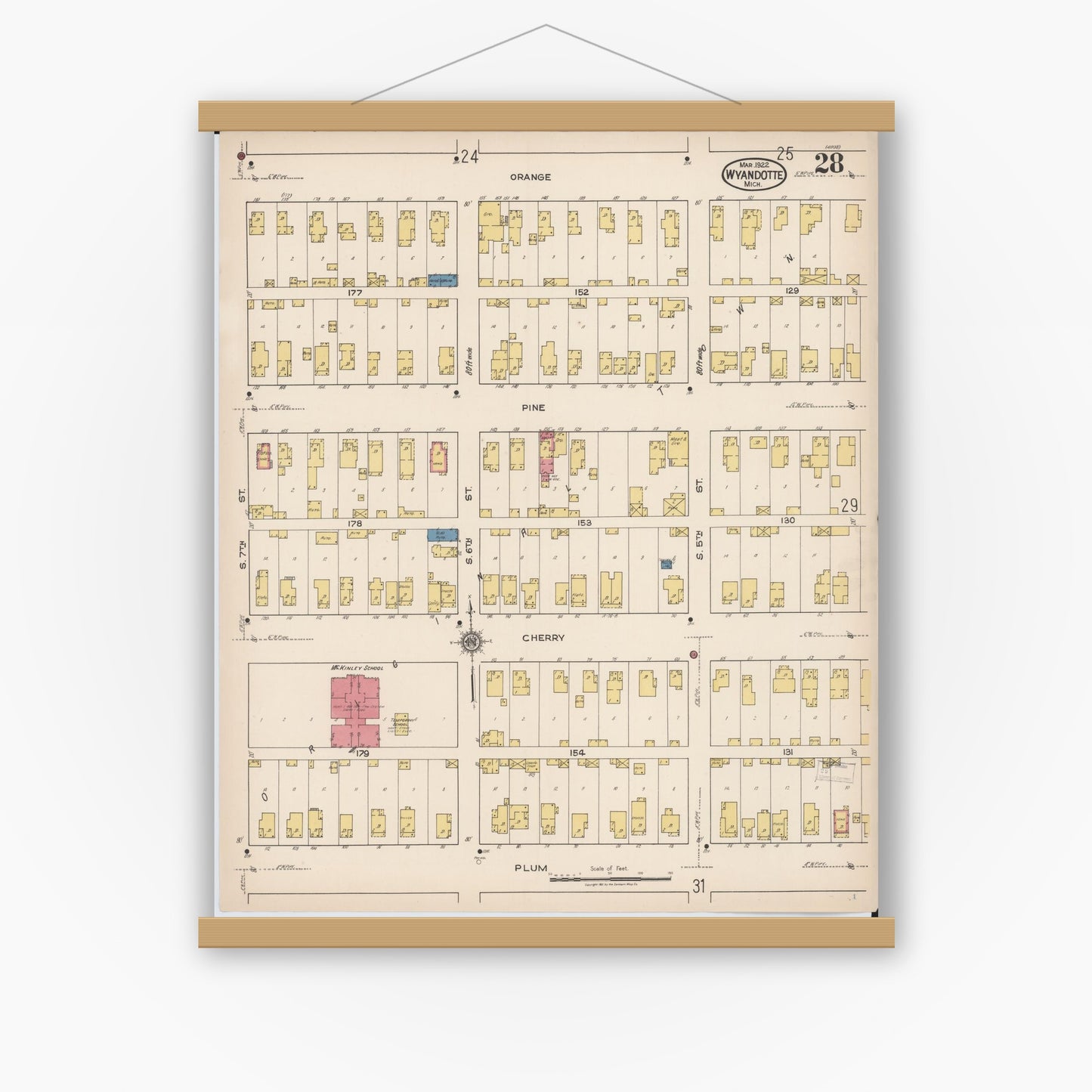 Old map wall art mockup — magnetic wood frame on white wall — Sanborn Fire Insurance Map from Wyandotte, Wayne County, Michigan (1922), Sheet #0028