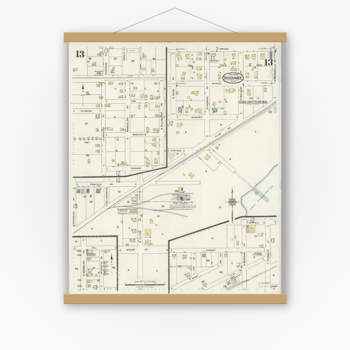 Old map wall art mockup — magnetic wood frame on white wall — Sanborn Fire Insurance Map from Kissimmee, Osceola County, Florida (1926), Sheet #0013
