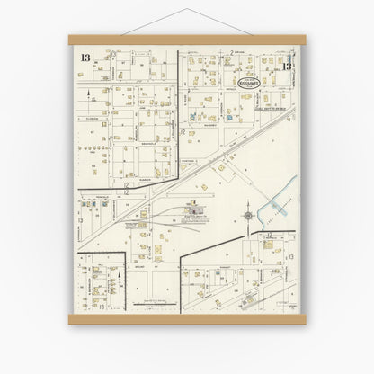 Old map wall art mockup — magnetic wood frame on white wall — Sanborn Fire Insurance Map from Kissimmee, Osceola County, Florida (1926), Sheet #0013