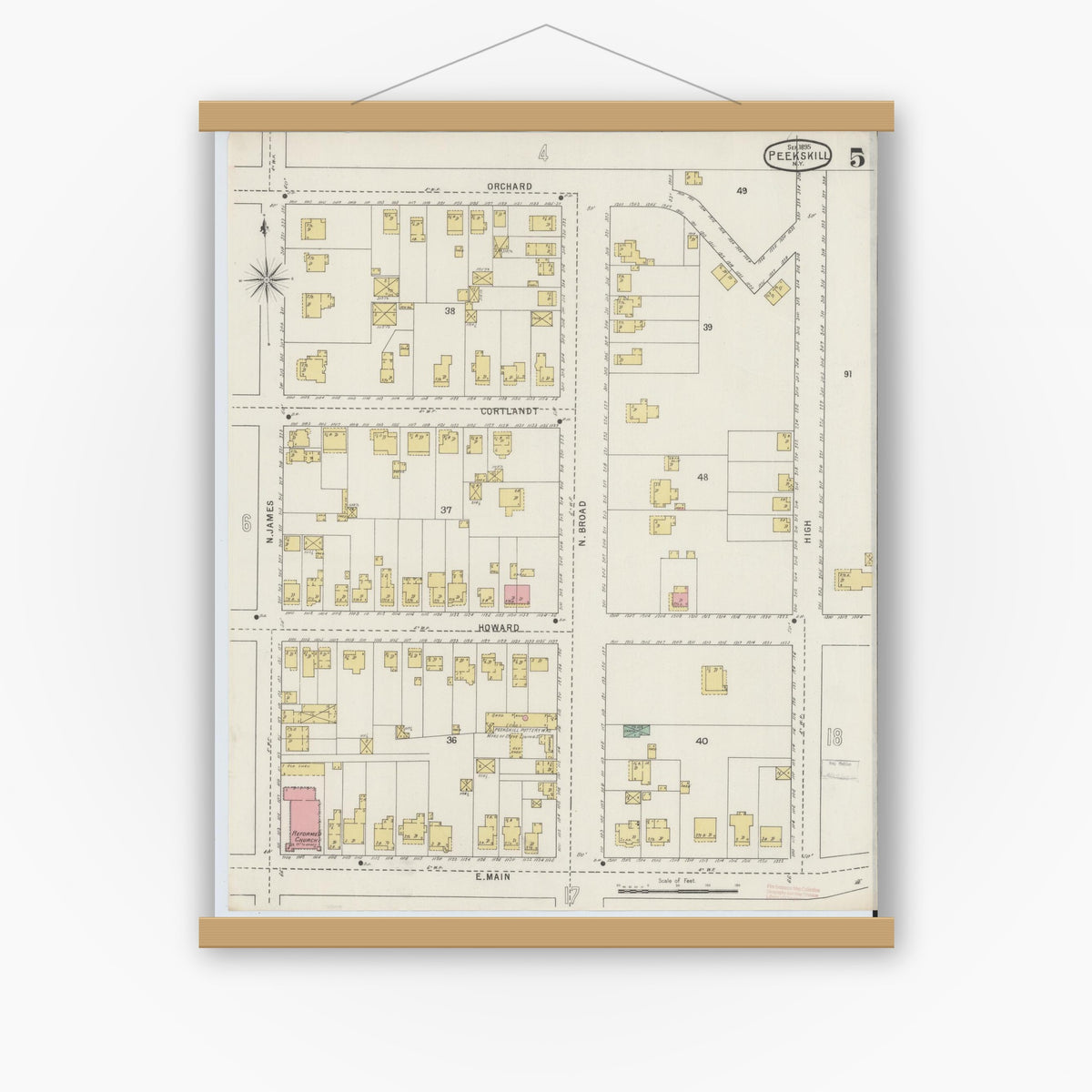 Old map wall art mockup — magnetic wood frame on white wall — Sanborn Fire Insurance Map from Peekskill, Westchester County, New York (1895), Sheet #0005