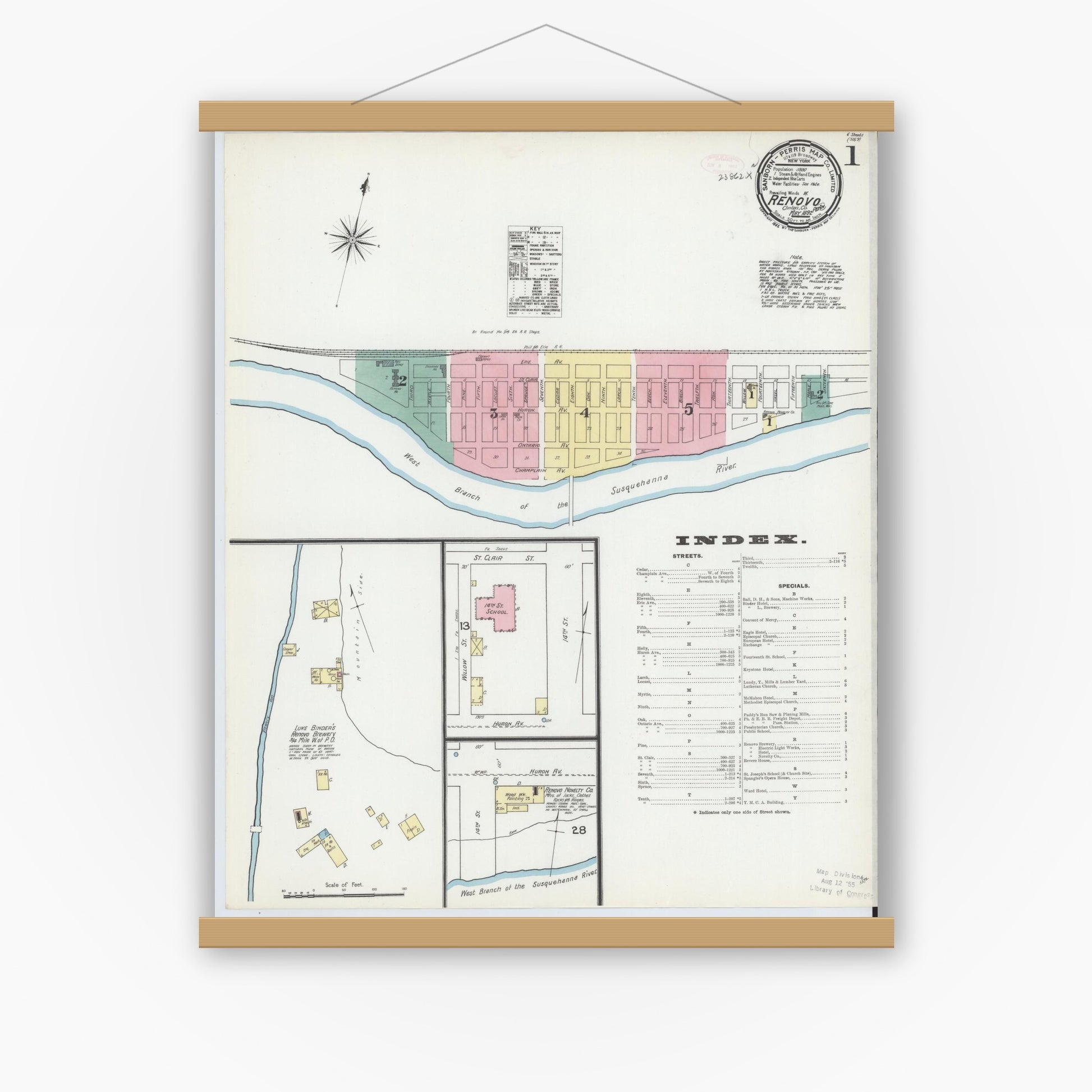Old map wall art mockup — magnetic wood frame on white wall — Sanborn Fire Insurance Map from Renovo, Clinton County, Pennsylvania (1892) - Complete Map Set