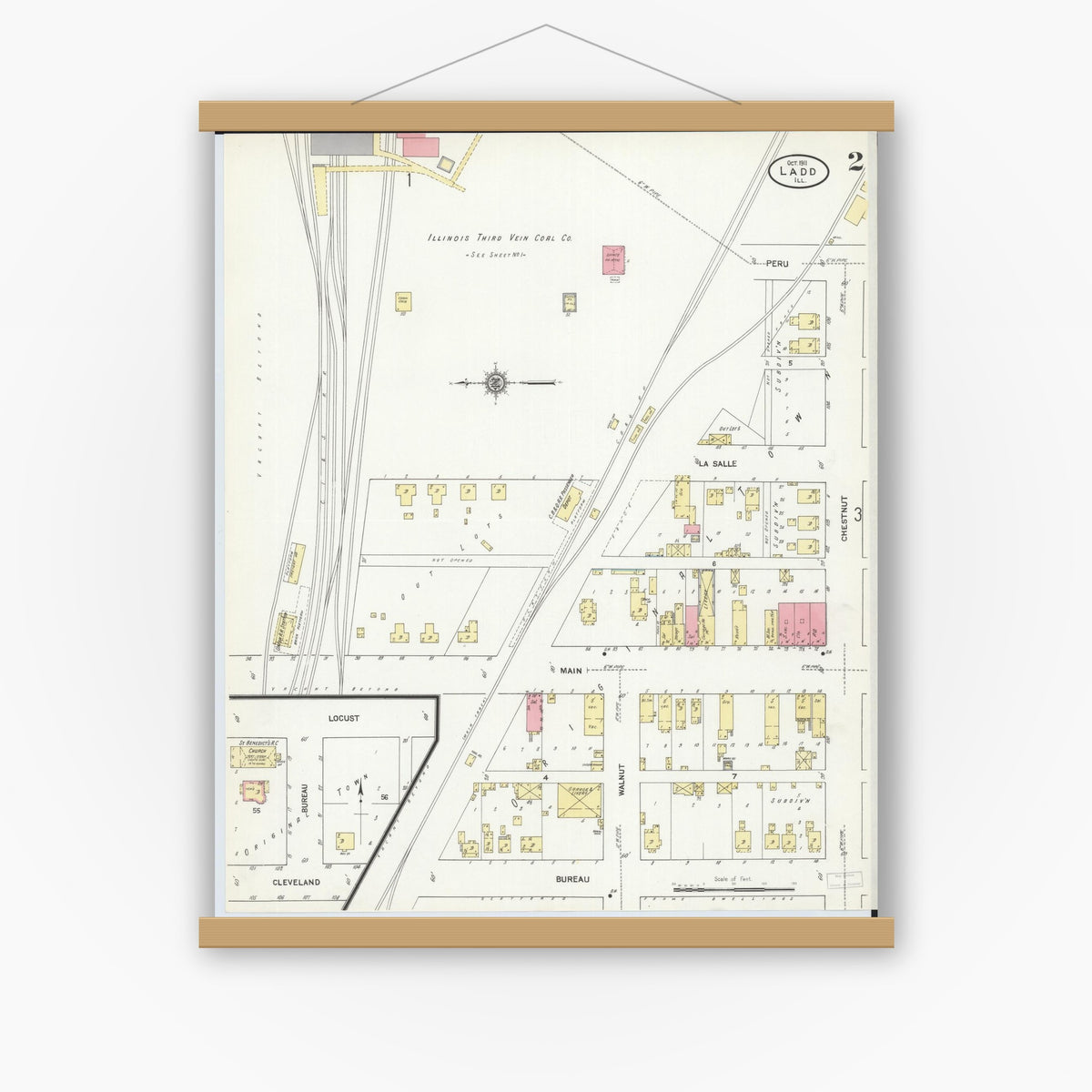Old map wall art mockup — magnetic wood frame on white wall — Sanborn Fire Insurance Map from Ladd, Bureau County, Illinois (1911), Sheet #0002