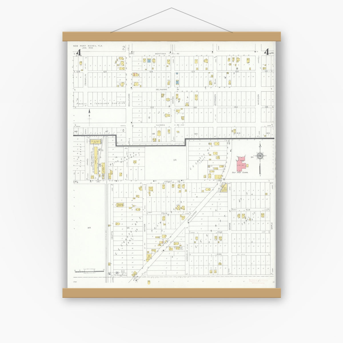 Old map wall art mockup — magnetic wood frame on white wall — Sanborn Fire Insurance Map from New Port Richey, Pasco County, Florida (1933), Sheet #0004