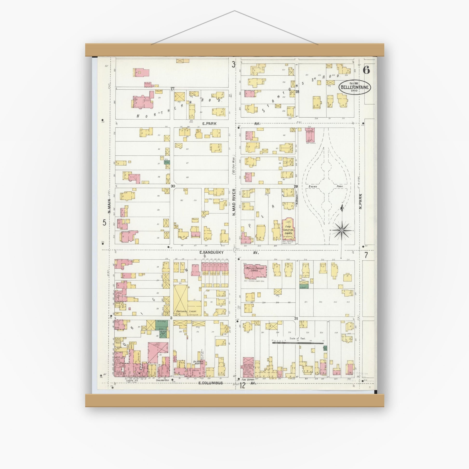 Old map wall art mockup — magnetic wood frame on white wall — Sanborn Fire Insurance Map from Bellefontaine, Logan County, Ohio (1901), Sheet #0006