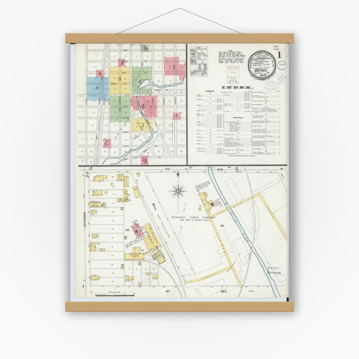 Old map wall art mockup — magnetic wood frame on white wall — Sanborn Fire Insurance Map from Antigo, Langlade County, Wisconsin (1898) - Complete Map Set