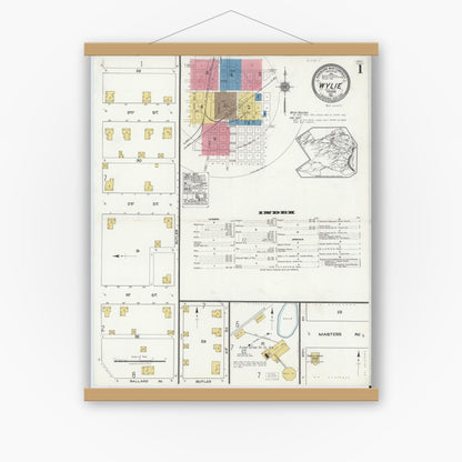 Old map wall art mockup — magnetic wood frame on white wall — Sanborn Fire Insurance Map from Wylie, Collin County, Texas (1921), Sheet #0001