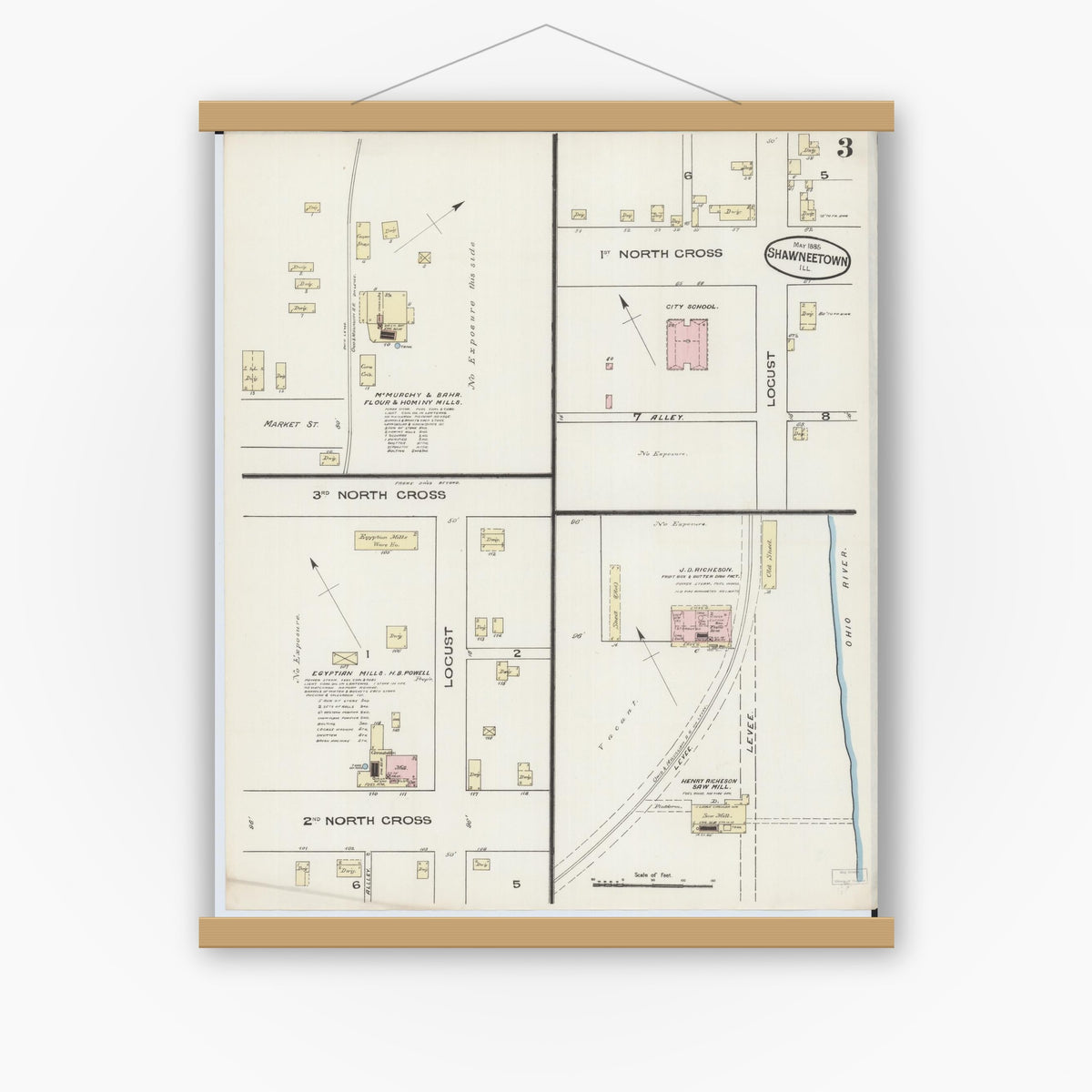 Old map wall art mockup — magnetic wood frame on white wall — Sanborn Fire Insurance Map from Shawneetown, Gallatin County, Illinois (1885), Sheet #0003