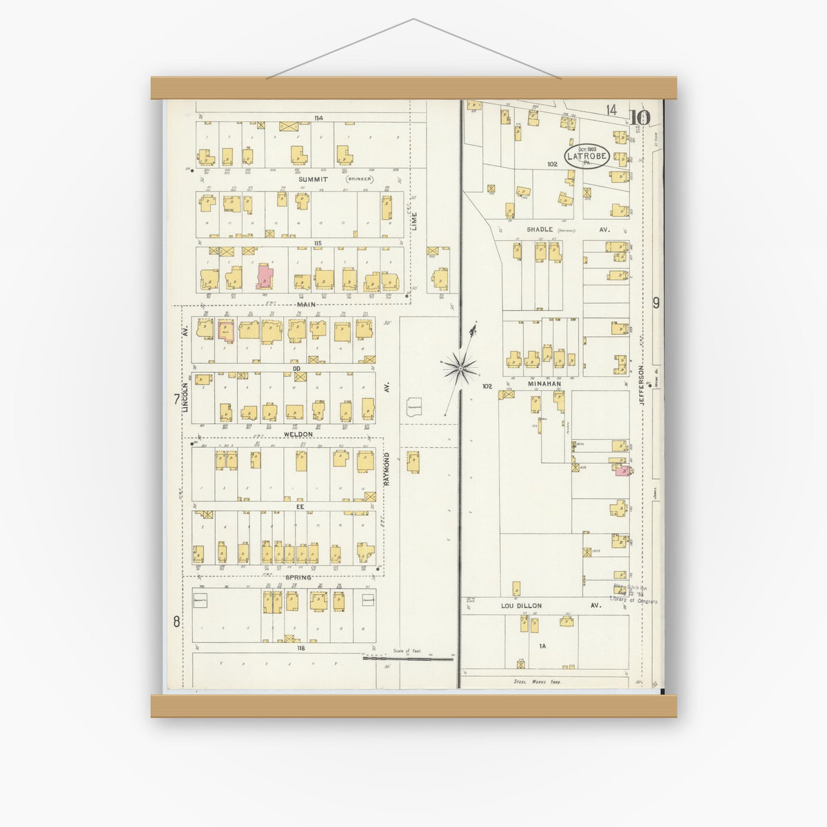 Old map wall art mockup — magnetic wood frame on white wall — Sanborn Fire Insurance Map from Latrobe, Westmoreland County, Pennsylvania (1903), Sheet #0010