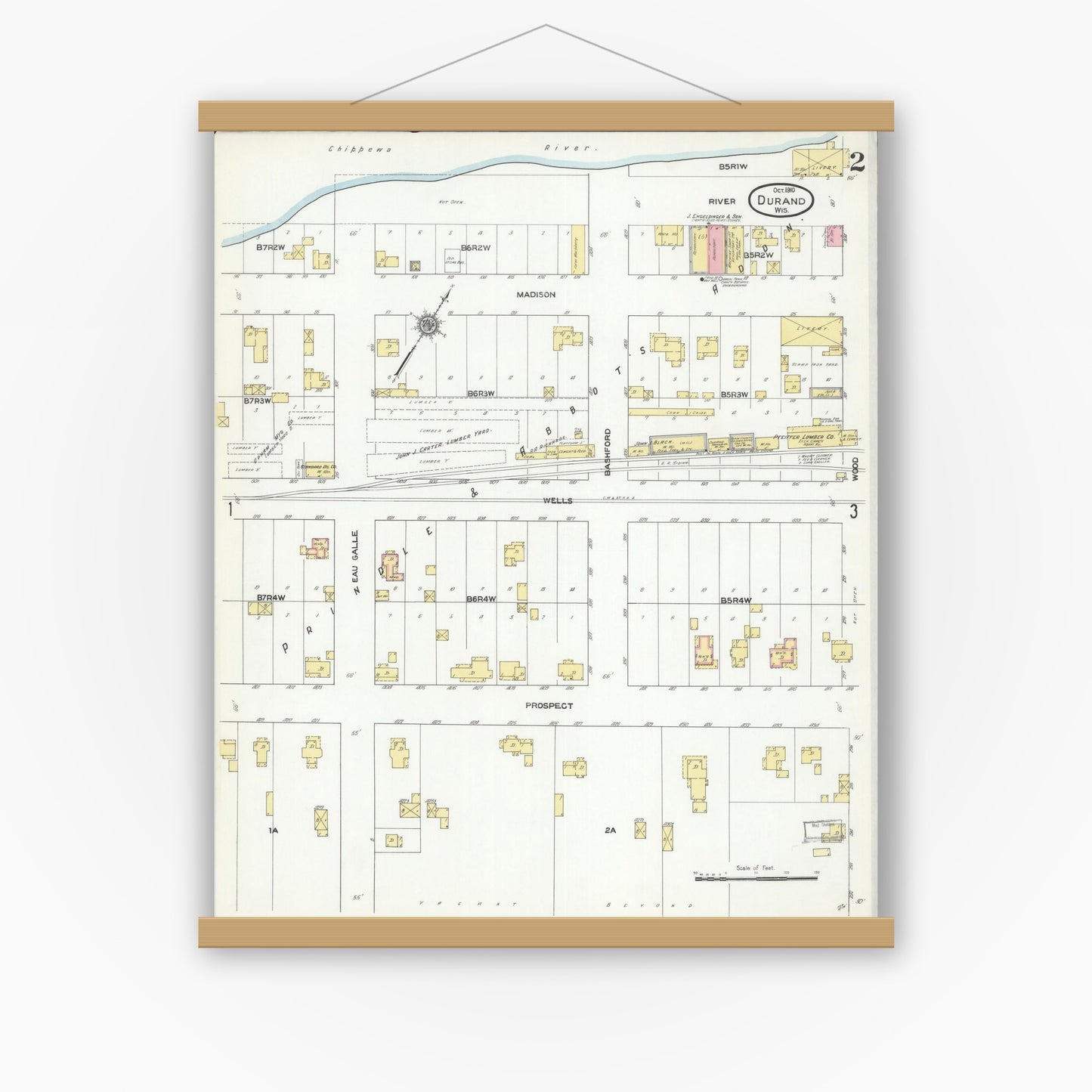 Old map wall art mockup — magnetic wood frame on white wall — Sanborn Fire Insurance Map from Durand, Pepin County, Wisconsin (1910), Sheet #0002