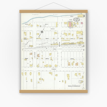 Old map wall art mockup — magnetic wood frame on white wall — Sanborn Fire Insurance Map from Durand, Pepin County, Wisconsin (1910), Sheet #0002