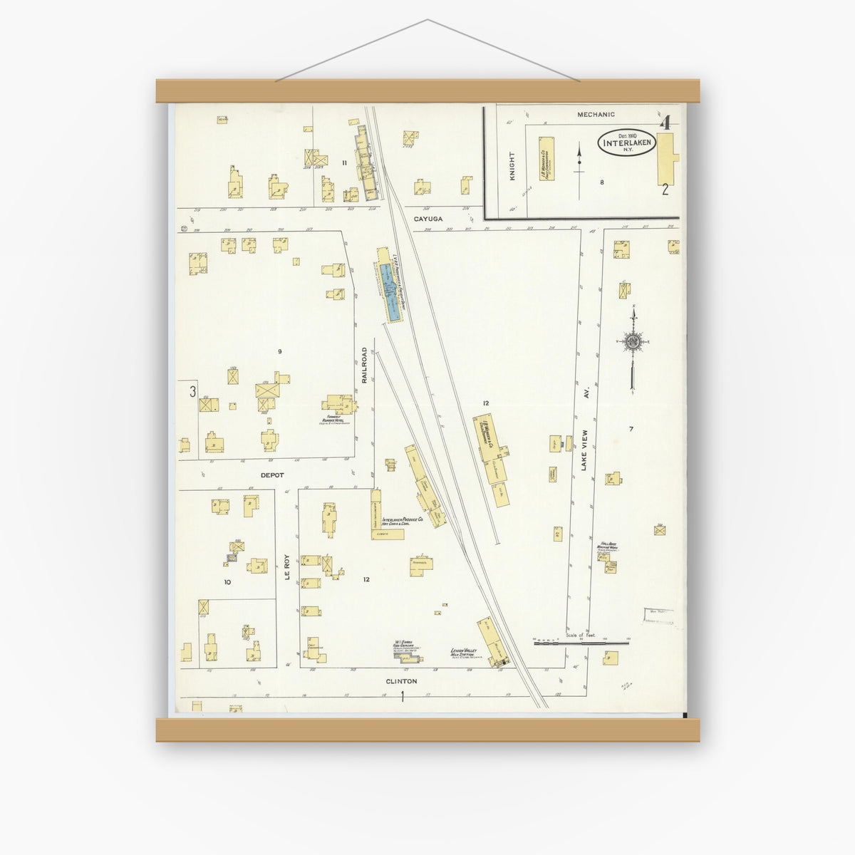Old map wall art mockup — magnetic wood frame on white wall — Sanborn Fire Insurance Map from Interlaken, Seneca County, New York (1910), Sheet #0004