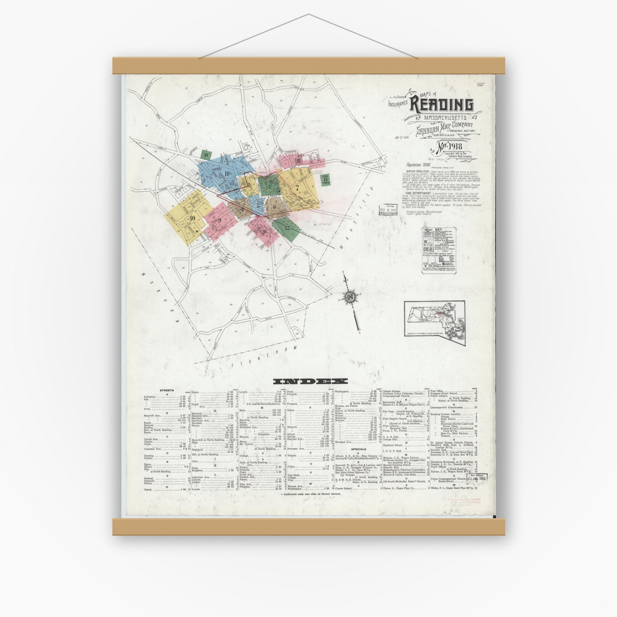 Old map wall art mockup — magnetic wood frame on white wall — Sanborn Fire Insurance Map from Reading, Middlesex County, Massachusetts (1918) - Complete Map Set