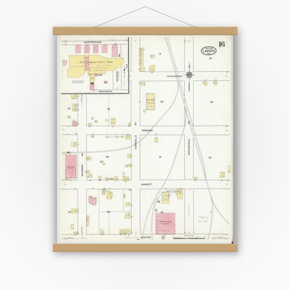 Old map wall art mockup — magnetic wood frame on white wall — Sanborn Fire Insurance Map from Laredo, Webb County, Texas (1916), Sheet #0016