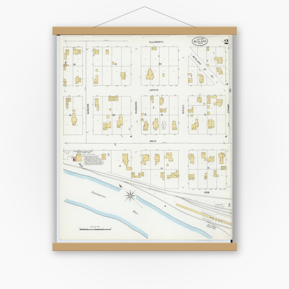 Old map wall art mockup — magnetic wood frame on white wall — Sanborn Fire Insurance Map from Midland, Midland County, Michigan (1899), Sheet #0002