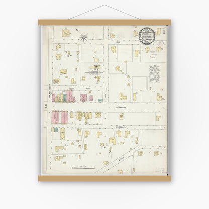 Old map wall art mockup — magnetic wood frame on white wall — Sanborn Fire Insurance Map from Pittsburg, Camp County, Texas (1896) - Complete Map Set