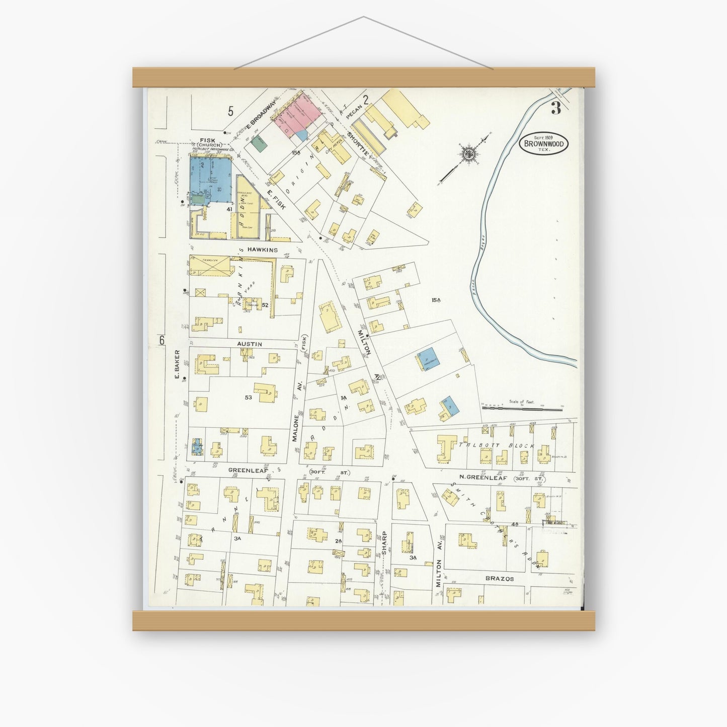 Old map wall art mockup — magnetic wood frame on white wall — Sanborn Fire Insurance Map from Brownwood, Brown County, Texas (1909), Sheet #0003