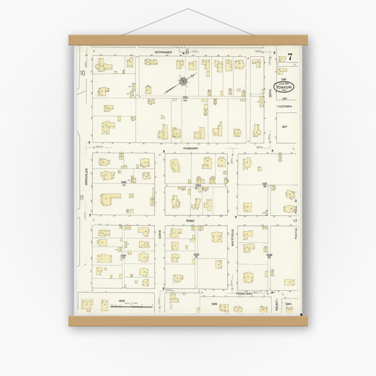 Old map wall art mockup — magnetic wood frame on white wall — Sanborn Fire Insurance Map from Yoakum, De Witt And Lavaca Counties, Texas (1912), Sheet #0007