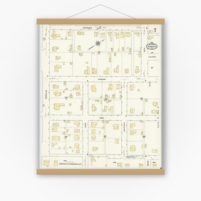 Old map wall art mockup — magnetic wood frame on white wall — Sanborn Fire Insurance Map from Yoakum, De Witt And Lavaca Counties, Texas (1912), Sheet #0007