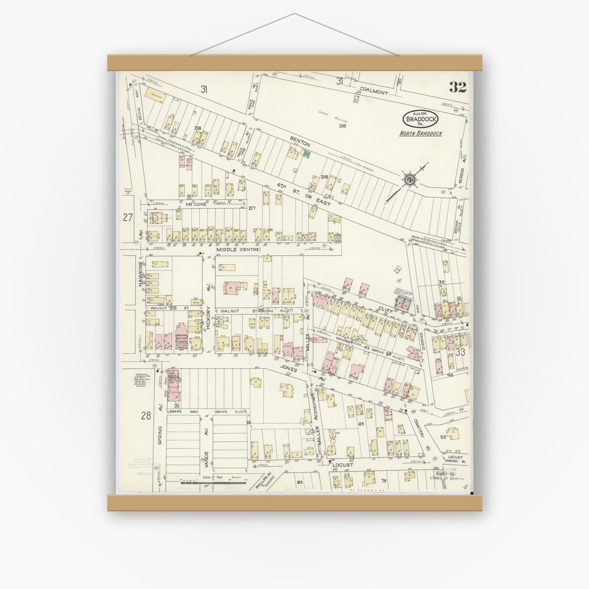 Old map wall art mockup — magnetic wood frame on white wall — Sanborn Fire Insurance Map from Braddock, Allegheny County, Pennsylvania (1914), Sheet #0032