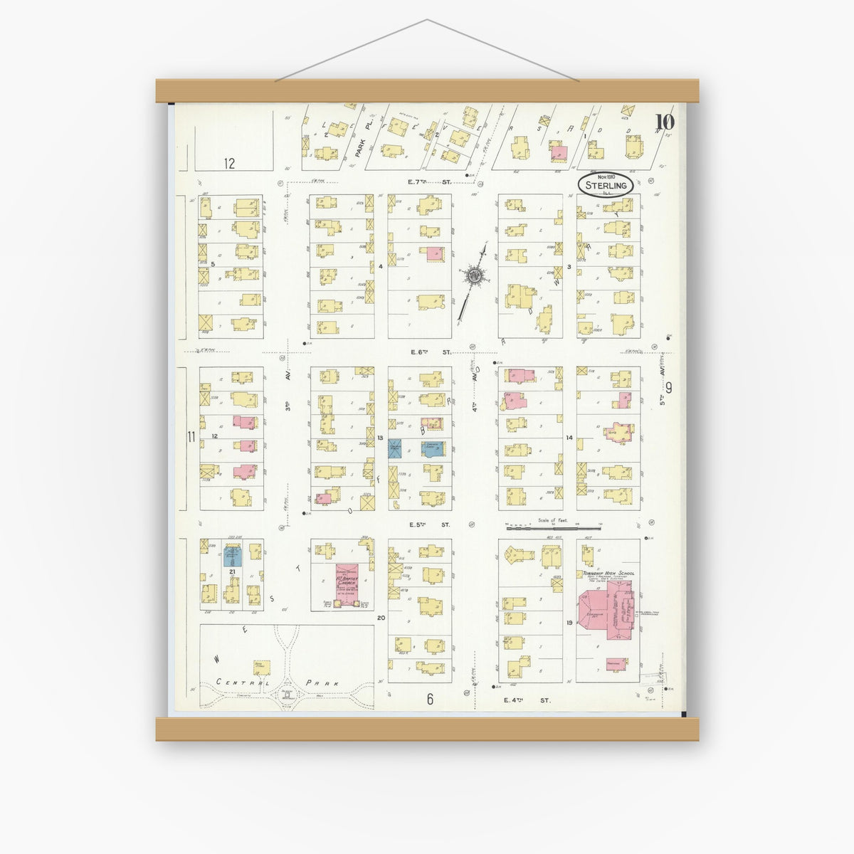 Old map wall art mockup — magnetic wood frame on white wall — Sanborn Fire Insurance Map from Sterling, Whiteside County, Illinois (1910), Sheet #0010